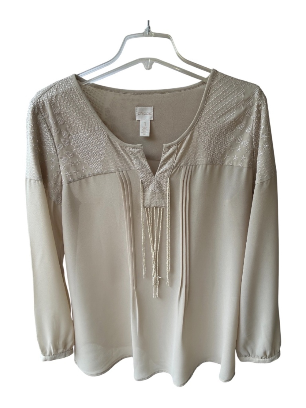 Chicos Beige Embroidered Pleated V-Neck Blouse-Size M (Size 1)